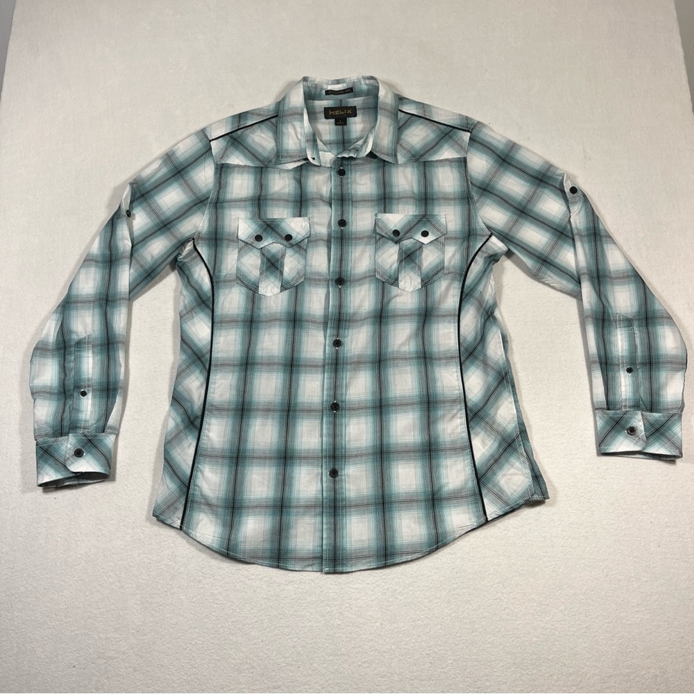 Helix Men's blue green Plaid‎ Western Shirt - Large Athletic Fit Rockabilly